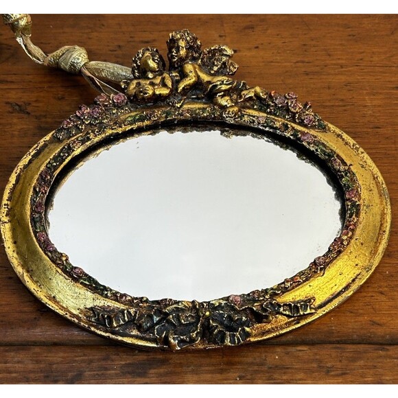 Vintage Mini Gold Gilt Mirror W/Angels Cherubs Momparler 1870 - Picture 2 of 9